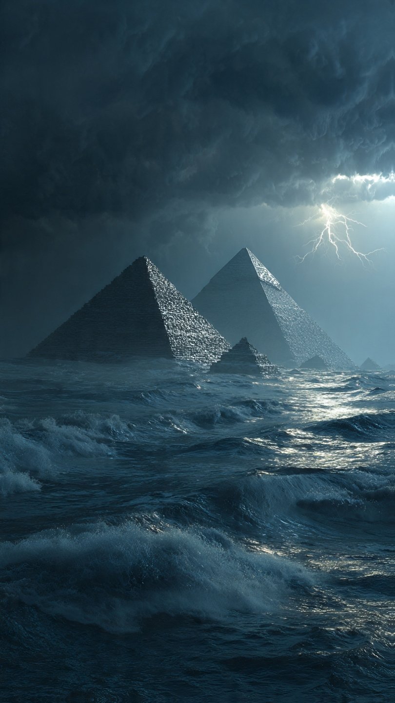 A view of the pyramids during the Great Flood era, 12,000 years ago - AI